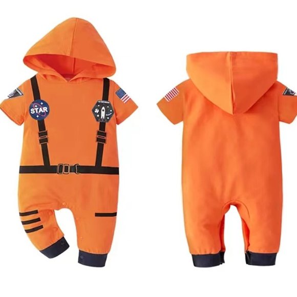 Styles I Love Other - Orange Astronaut Cotton Cosplay Short Sleeve Hooded Romper